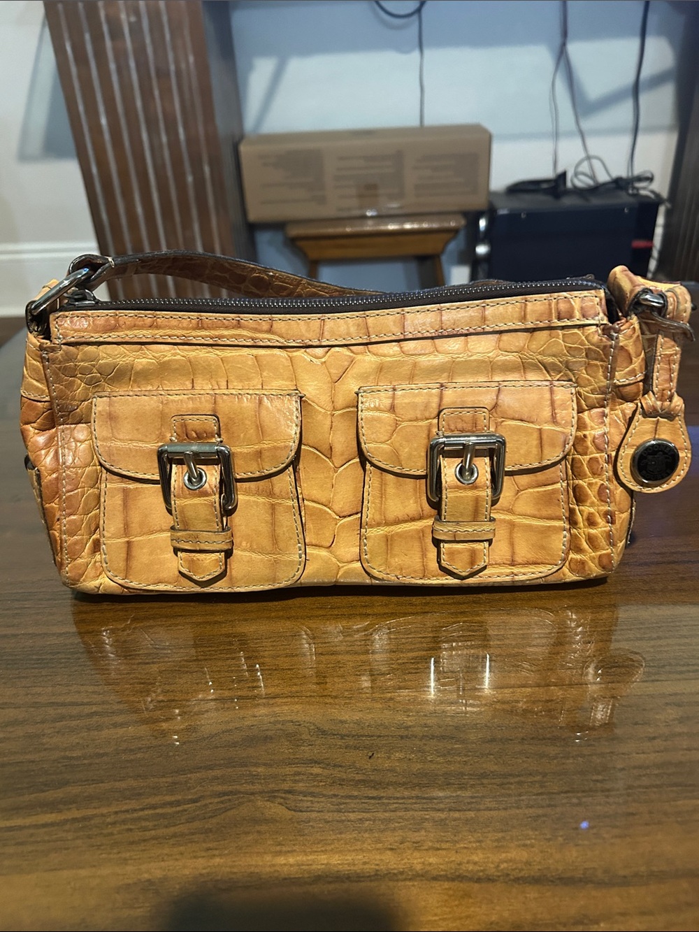 Dooney & Bourke Croc-Embossed Mini Wristlet in Camel Tan